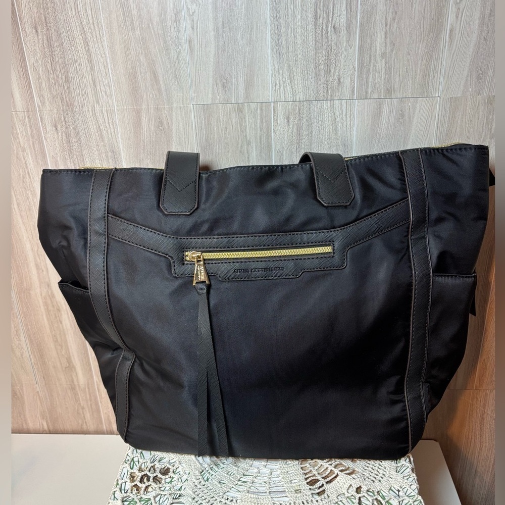 Aimee Kestenberg Sicily Black Tote Leather Trim Gold Accents Travel Shoulder Bag